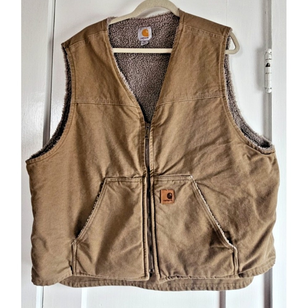 Vtg Carhartt canvas full zip sherpa lined beige Men Sz 2XL work vest USA made‎